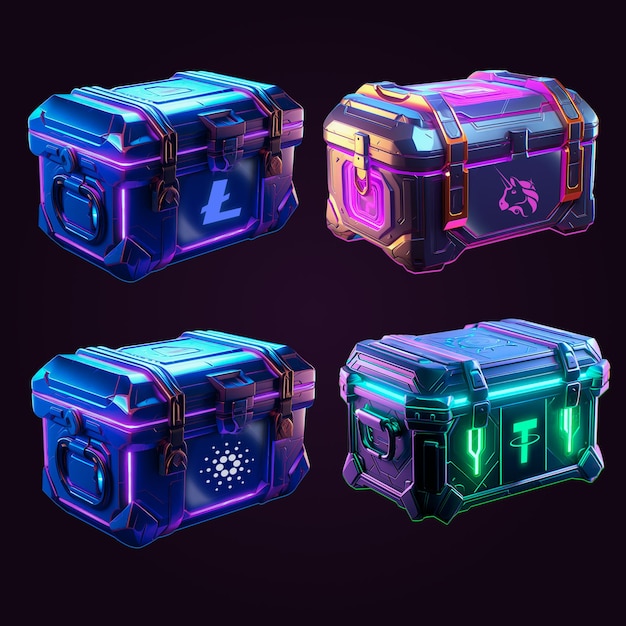 conjunto de baús com criptomoedas no estilo cyberpunk