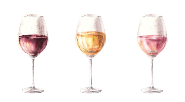 Conjunto de bebidas de aquarela de três copos com ilustração pintada à mão de rosa branca e vinho tinto