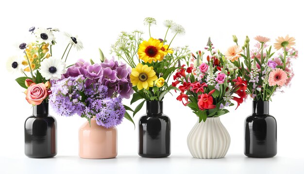 Conjunto de belas flores frescas em vasos elegantes em fundo branco