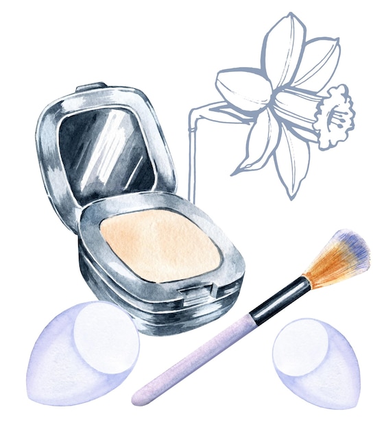 Foto conjunto de beleza em aquarela de produtos cosméticos decorativos em pó com escova cosmética espelhada