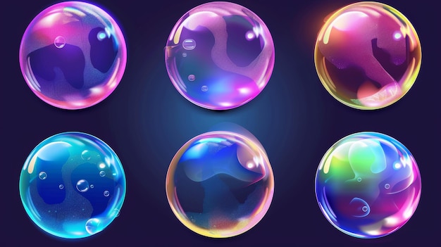 Conjunto de bolhas de sabão coloridas isoladas em um fundo transparente Imagem moderna de shampoo e bolas de água com reflexos em superfícies iridescentes perfeitas para lavanderia ou banheiros