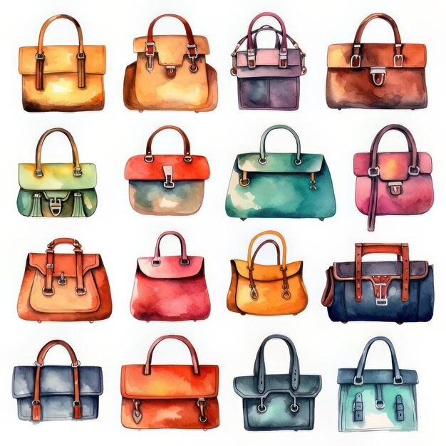 Conjunto de bolsas femininas em aquarela desenhadas à mão Ilustração em vetor