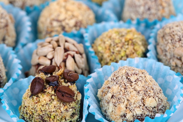 Conjunto de bombons de chocolate, close-up