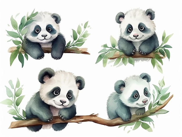Conjunto de bonito bebê urso panda no galho da árvore aquarela isolado fundo branco ilustração vetorial