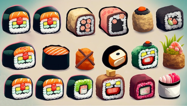 Conjunto de bonitos ícones de sushi e rolos no estilo kawaii