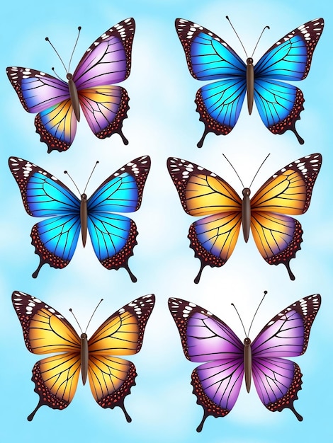 Conjunto de borboletas realistas coloridas Ilustrações elegantes de borboletas