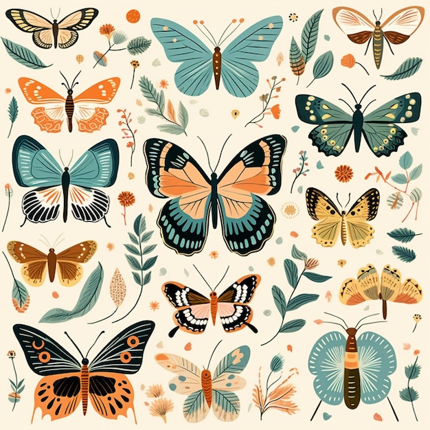 conjunto de borboletas vintage de muitos padrões e cores diferentes