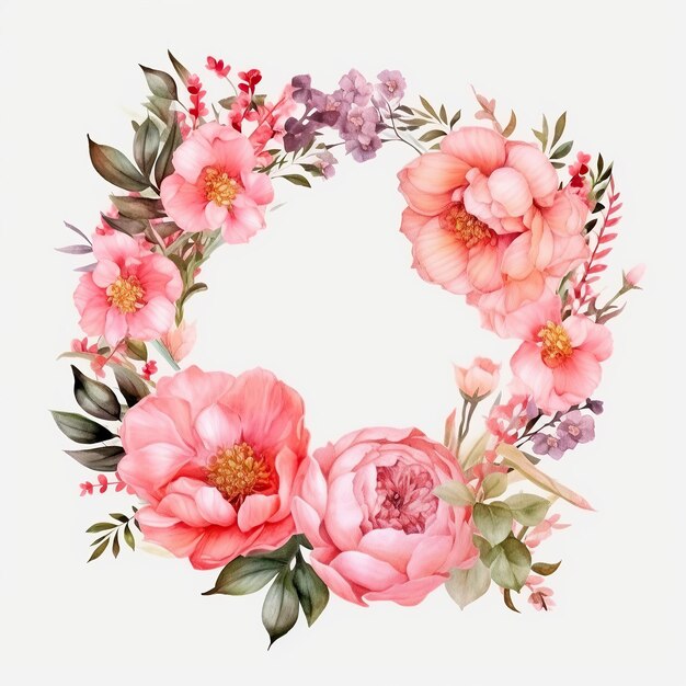 Conjunto de borda de flores em aquarela Moldura floral rosa com arranjo de coroa de flores de hortênsia rosa peônia para decoração de convite de cartão Generative AI