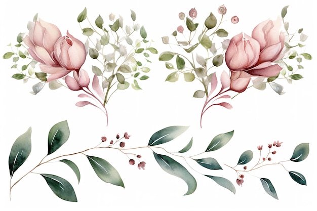 Foto conjunto de borda de moldura floral em aquarela com rosa rosa