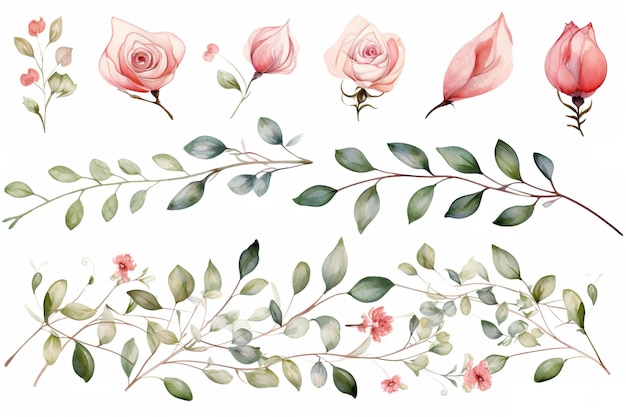 Foto conjunto de borda de moldura floral em aquarela com rosa rosa