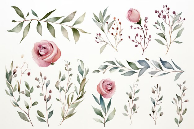 Foto conjunto de borda de moldura floral em aquarela com rosa rosa