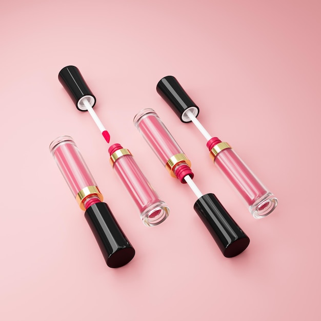 Conjunto de brilho labial de cor rosa claro isolado em batom líquido rosa Cosmético de brilho labial para lábio 3d