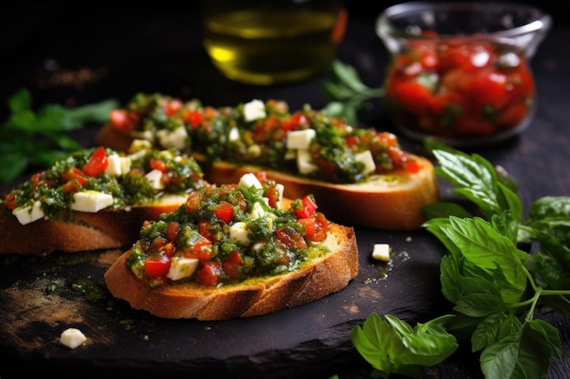 Conjunto de bruscheta com dobras de queijo feta e ervas frescas