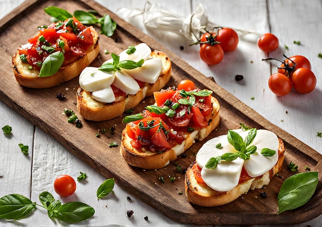 Conjunto de bruschetta italiana com tomates fritos, fatias de mozzarella e ervas em uma bandeja de madeira