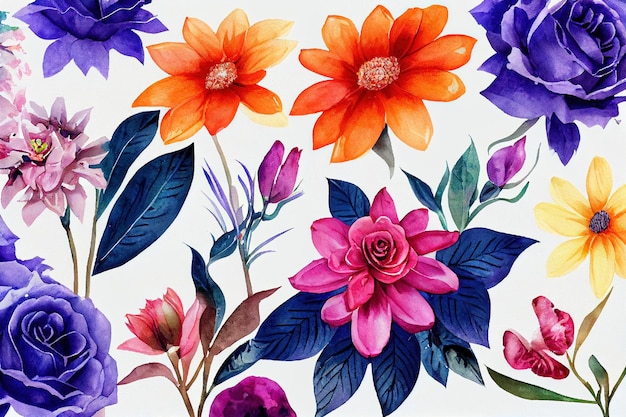 Conjunto de buquê de flores em aquarela peças de design de arte