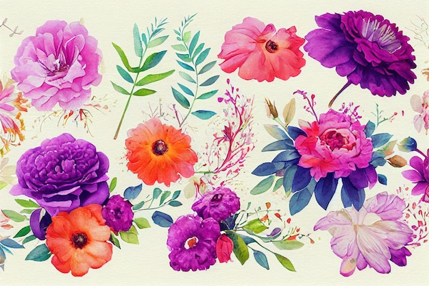 Conjunto de buquê de flores em aquarela peças de design de arte