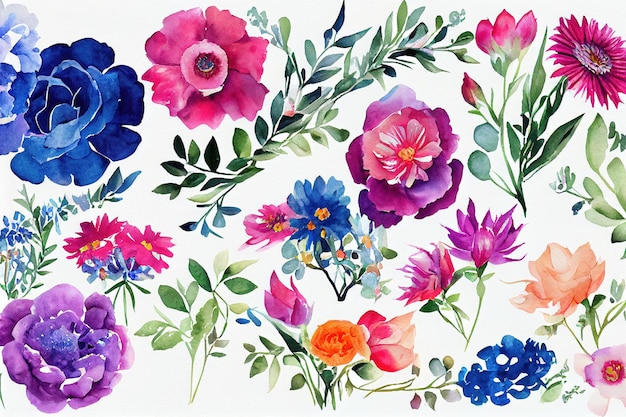 Conjunto de buquê de flores em aquarela peças de design de arte