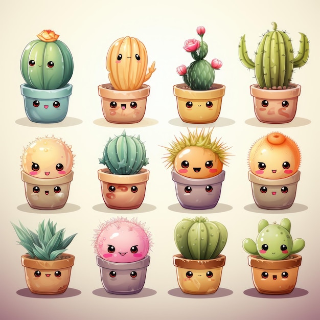 Foto conjunto de cactus de desenho animado com olhos kawaii ai generative