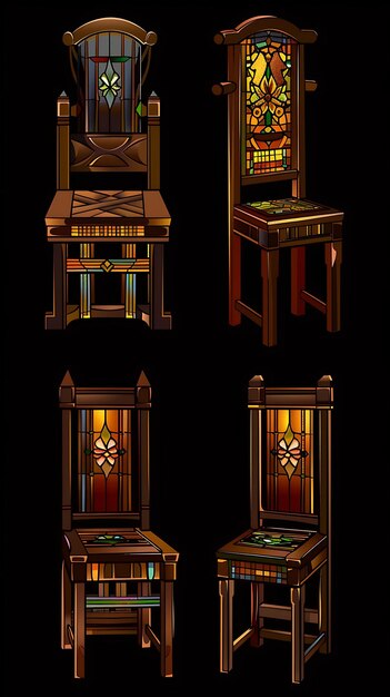 Conjunto de cadeiras de jantar em estilo Arts and Crafts 32 Bit Pixel com Handcr Game Asset Design Concept Art