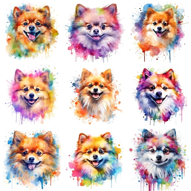 Conjunto de cães da raça pomerânia pintados em aquarela sobre fundo branco de maneira realista ideal