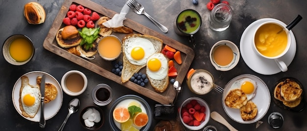 Conjunto de café da manhã americano com vista superior do arranjo estético