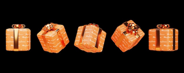 Conjunto de caixas de embrulho 3D na cor dourada e laranja para o deleite de Natal.