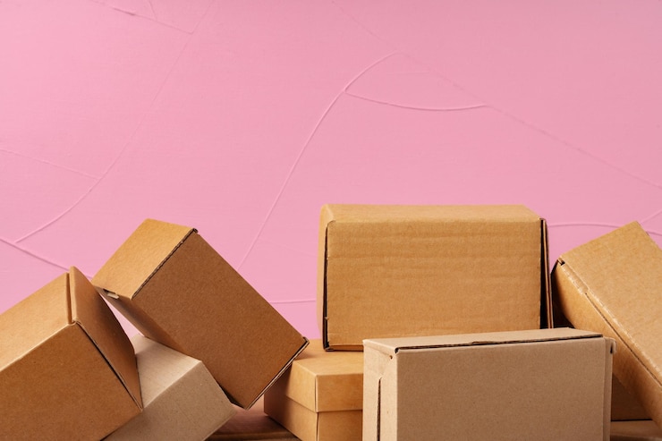Foto conjunto de caixas de papelão com fundo rosa
