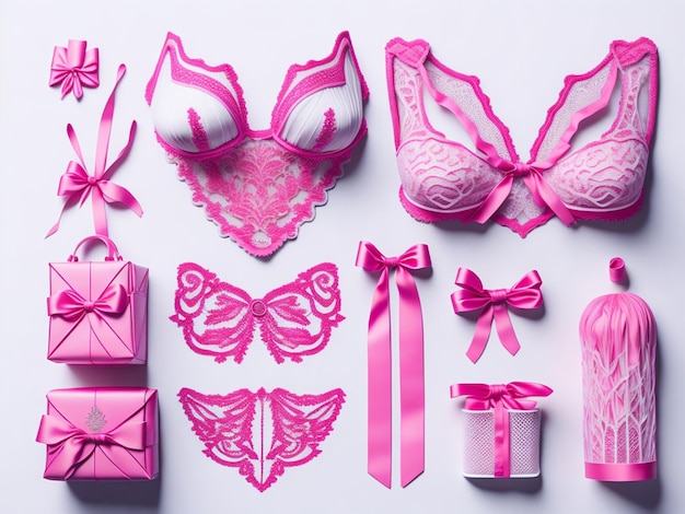 Conjunto de caixas de presente de lingerie rosa e arcos em fundo branco