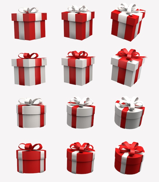Conjunto de caixas de presente vermelhas ou caixas de presente isoladas em fundo branco Perspectivas diferentes
