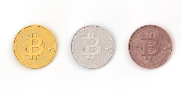 Conjunto de cara de moeda interativa de bitcoins ouro, prata e cobre com acabamento realista