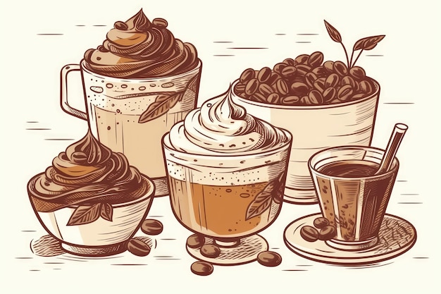 Conjunto de caramelo com xícaras de café e feijões Linhas marrons em fundo branco Vector Generative AI