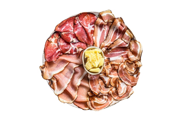 Conjunto de carne italiana curada a frio Ham prosciutto pancetta bacon Isolado no fundo branco