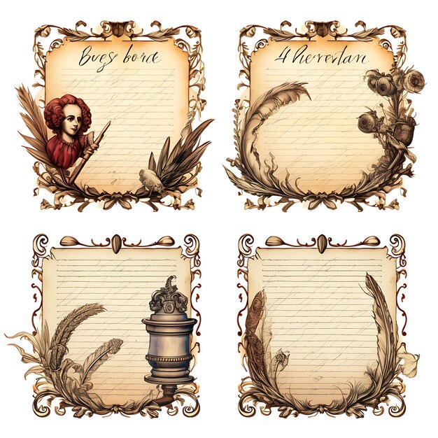 Foto conjunto de cartas de amor de shakespeare rolo de pergaminho quadro teatral 2d clipart quadro de design asseto