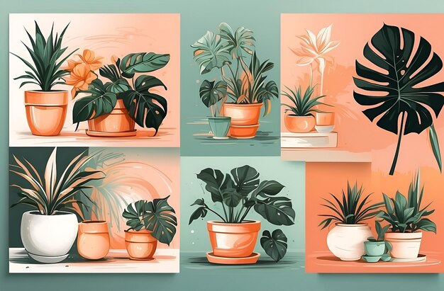 Foto conjunto de cartazes coloridos com plantas de casa em vasos ilustração digital