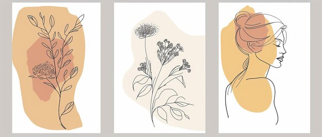 Foto conjunto de cartões postais com retratos de belas mulheres com flores cartões cartazes panfletos com ilustrações de arte de linha ilustrações modernas com letras