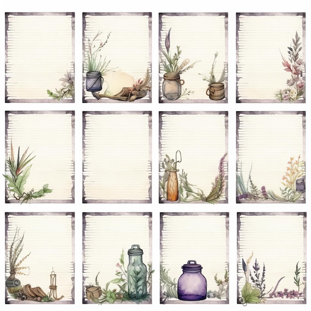 Conjunto de cartões verticais com ervas e especiarias Ilustração em aquarela
