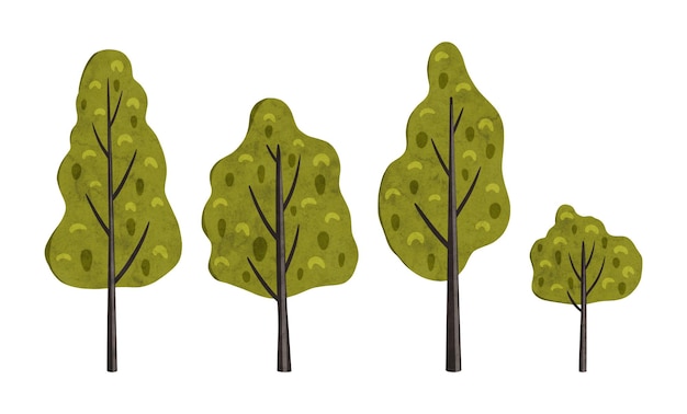 Conjunto de cartoons bonitos árvores caducifólias em estilo escandinavo floresta estilizada brilhante do país das maravilhas