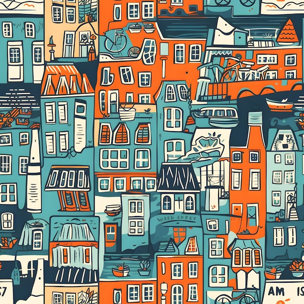 Conjunto de casas holandesas Padrão sem costura Fundo Doodle Envolvimento com casas de amsterdã design de estilo urbano Amsterdã panorama pano de fundo Papel de parede bom para impressão Generative ai