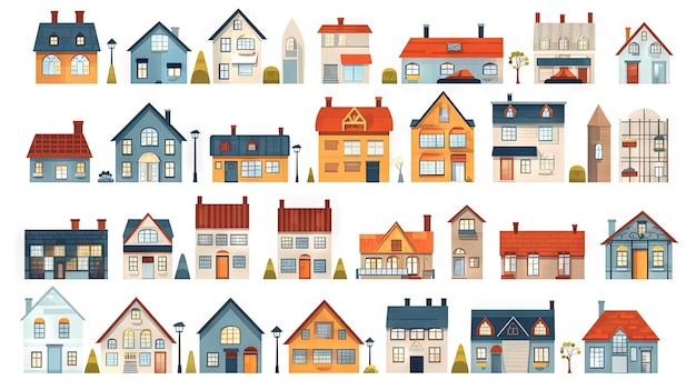Conjunto de casas residenciais bonitas no bairro Arquitetura colorida de casas de campo de subúrbio ou aldeia