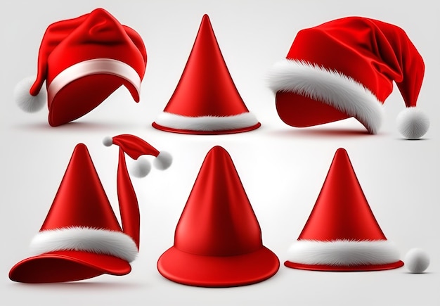 Conjunto de chapéus de Papai Noel vermelhos isolados em um fundo branco