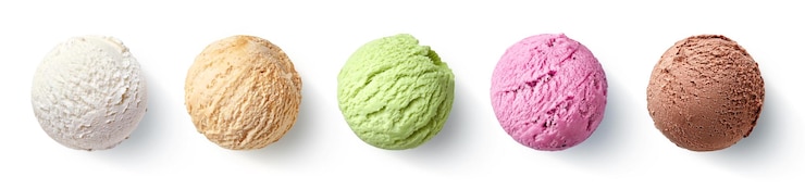 Foto conjunto de cinco colheres ou bolas de gelado diferentes
