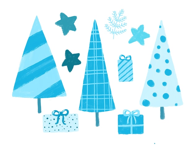 Conjunto de clipart azul de inverno isolado no fundo branco. Árvores de ano novo apresentam ilustrações de estrelas