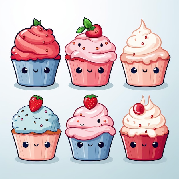 conjunto de clipart de aquarela com fundo branco kawaii cupcake bonito