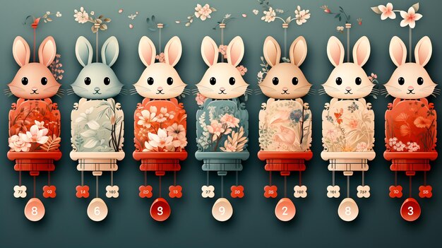 Foto conjunto de coelhos de páscoa diferentes com flores