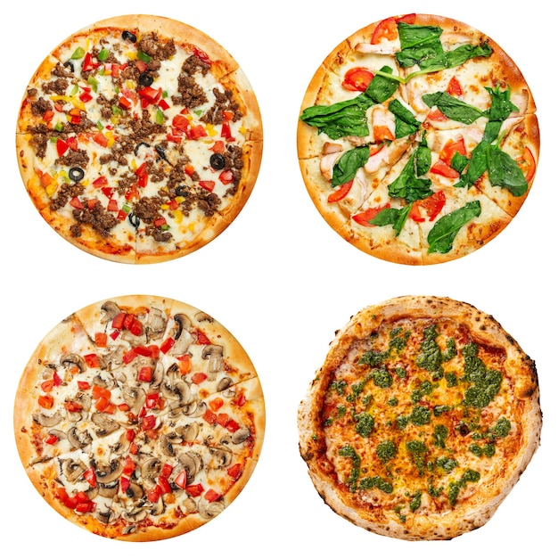 Conjunto de colagem de diferentes pizzas isoladas em branco