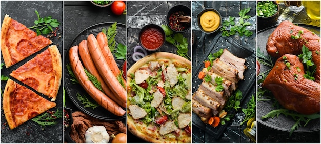 Conjunto de colagem de fotos de comida e pratos em fundo de pedra preta