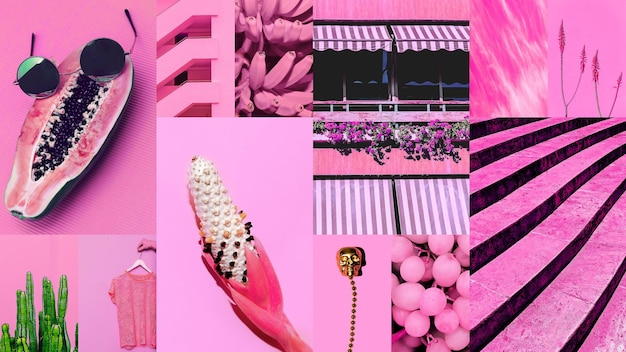 Conjunto de colagens de fotos estéticas de moda Imagens minimalistas de uma cor superior Painel de humor rosa