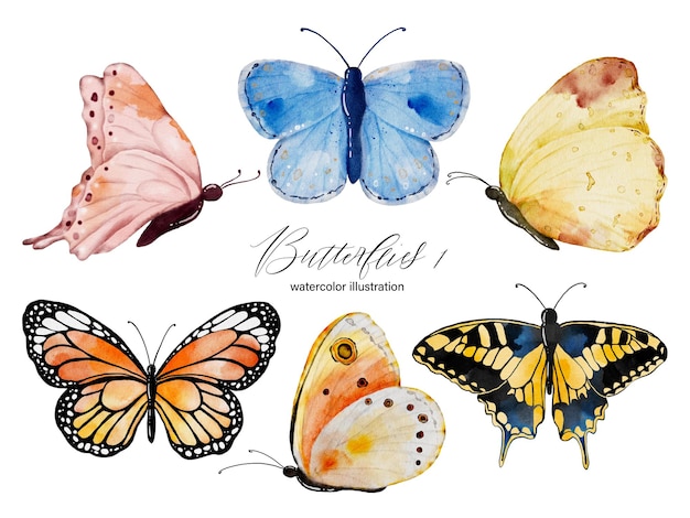 Conjunto de coleção de borboletas em aquarela multicoloridas