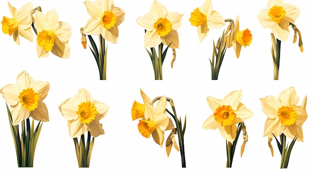 Conjunto de coleção de narcisos amarelos isolados em fundo branco Flores de jardim de primavera precoce Bouquet de Narcisos Clip art para cartão de saudação festivo brilhante bandeira de convite e cartão de saudades