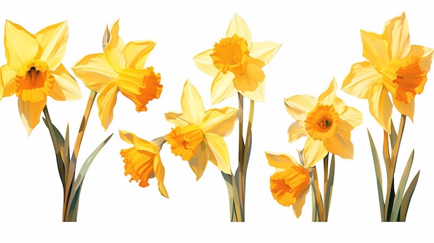 Foto conjunto de coleção de narcisos amarelos isolados em fundo branco flores de jardim de primavera precoce bouquet de narcisos clip art para cartão de saudação festivo brilhante bandeira de convite e cartão de saudades